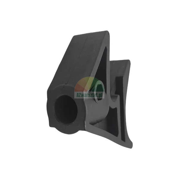 Black plastic mounting bracket or industrial spacer with a cylindrical hole isolated on white