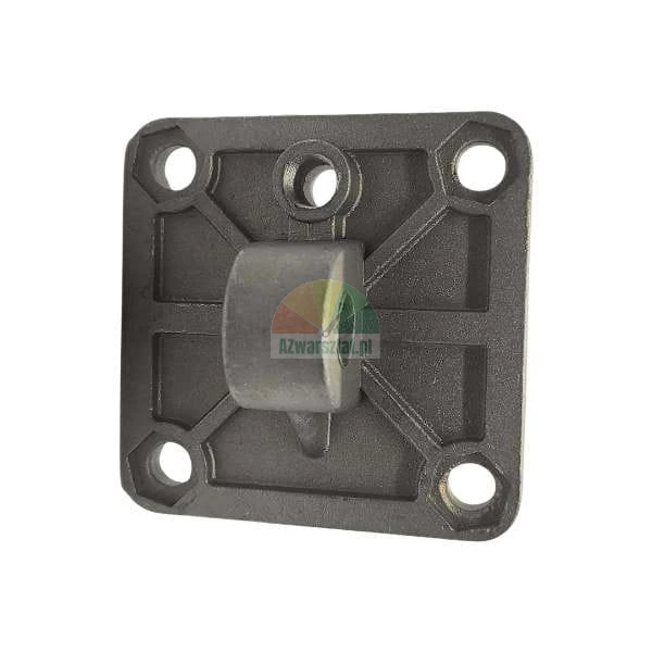 Metal mounting base with an eyelet and four screw holes on a white background