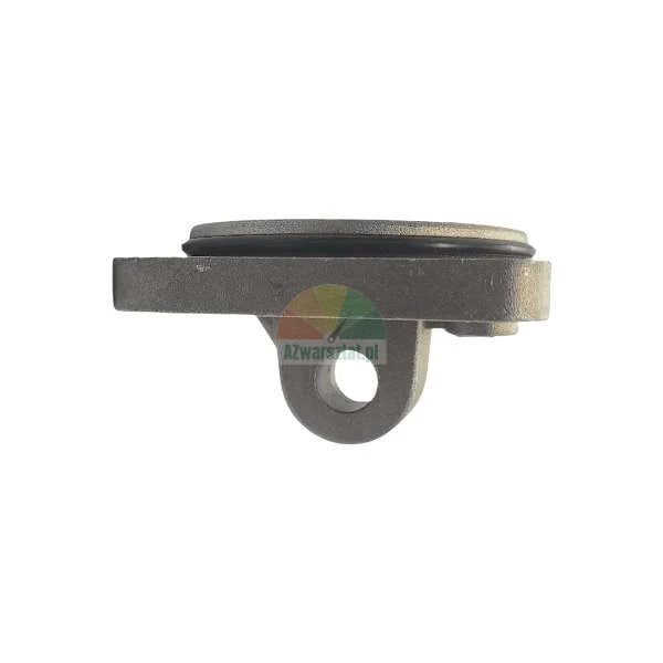 Metal sealing component with an O-ring and mounting eyelet on a white background.