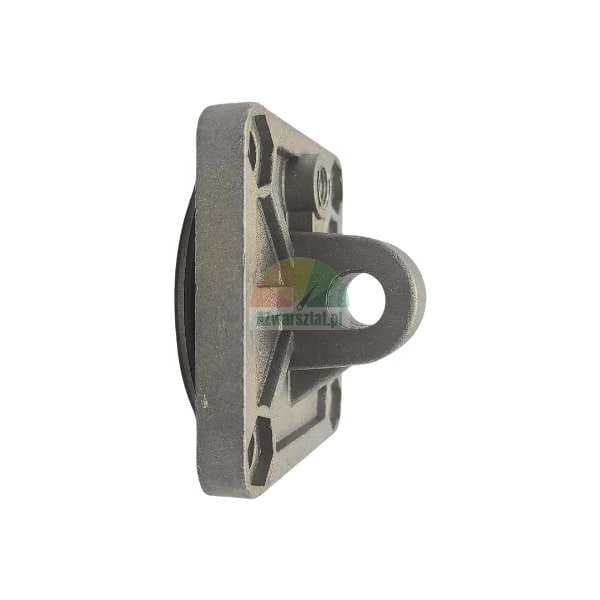 Metal mounting bracket with a circular eyelet, side view of a cast industrial component.