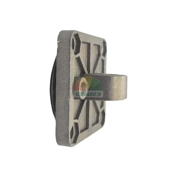 Metal mounting bracket, square plate with threaded hole seen from the side.