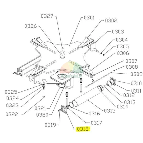 Technical diagram of a tire changer turntable assembly with part number 0318 highlighted in yellow.