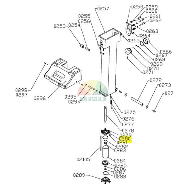 Technical exploded view diagram of a mounting column with part number 0280 highlighted in yellow.