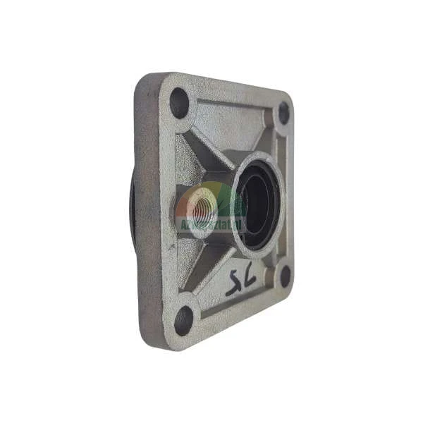 Square metal industrial flange or bearing housing with four mounting holes and internal seal on a white background.