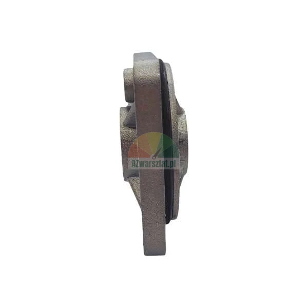 Profile view of a cast metal mechanical component with a black rubber gasket seal on a white background