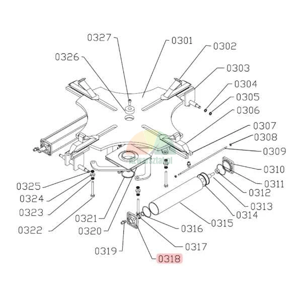 Technical exploded view diagram of a tire changer turntable assembly with part 0318 highlighted.
