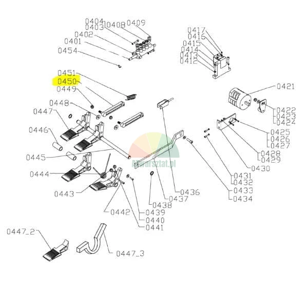 Technical exploded view diagram of a control pedal assembly with item 0450 highlighted in yellow. The drawing shows various components like pedals, levers, and valves with part numbers.