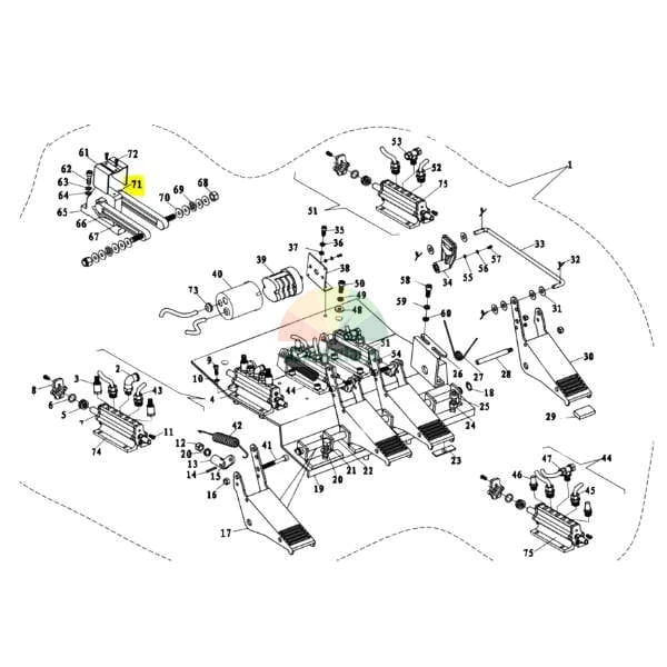 Technical diagram of a machine assembly featuring pedals and pneumatic components with part number 71 highlighted in yellow.