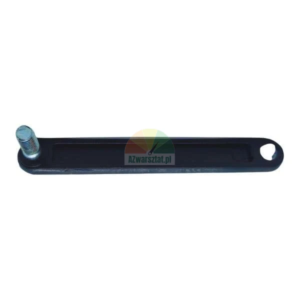 Metal linkage arm with a threaded bolt and mounting hole on a white background