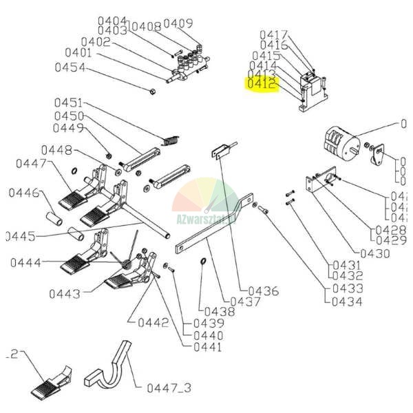 Schematic technical drawing of machine spare parts with part number 0412 highlighted in yellow.