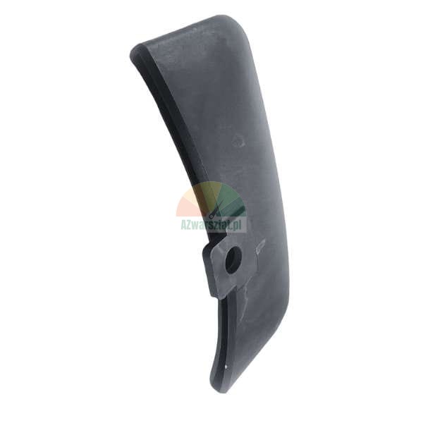 Black curved plastic component with a mounting hole on a white background