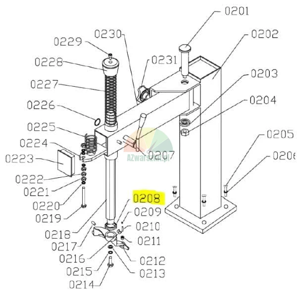 Technical diagram of a tire changer assembly with part number 0208 highlighted in yellow.