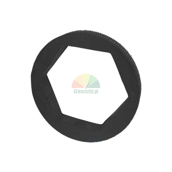 Black ring with a hexagonal hole and knurled outer edge.