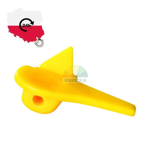Yellow plastic replacement part for garden machinery on a white background.