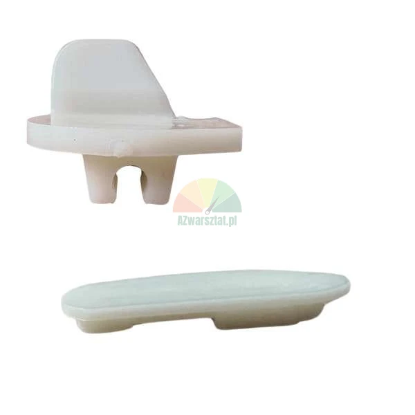 White plastic mounting clip and flat oval cover piece.