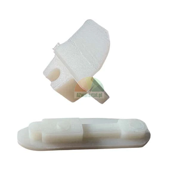 White plastic components for window or blind mechanism shown from two angles on white background.