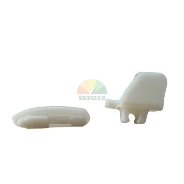 Two white plastic curtain gliders for rail systems on a white background.