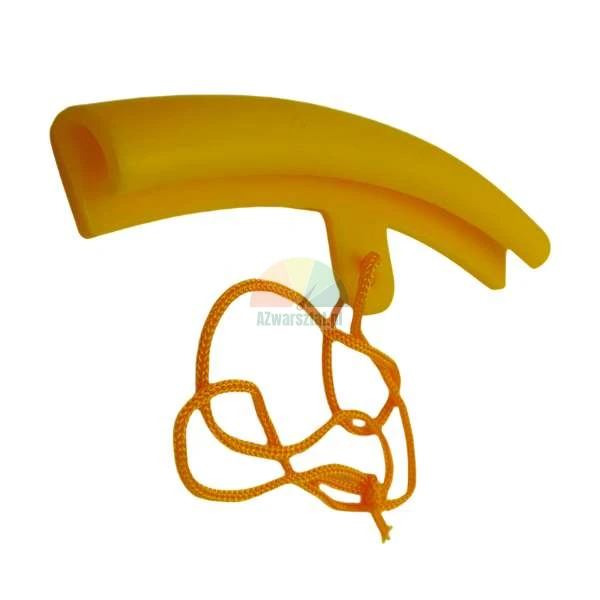 Yellow rim protector tool for tire mounting with orange string on white background.