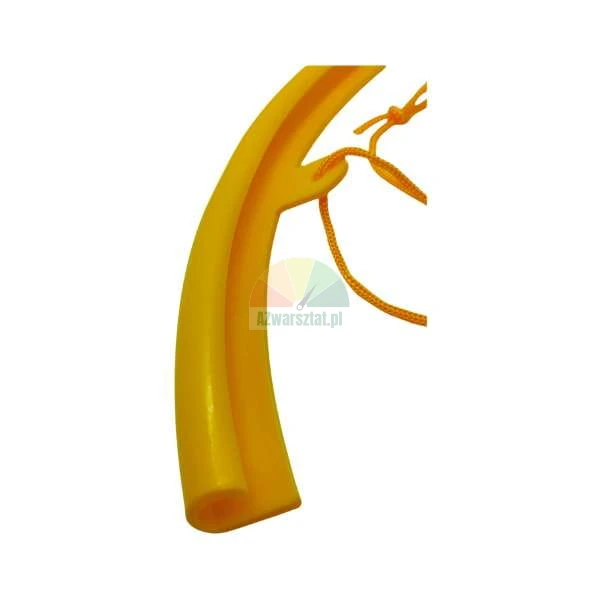 Yellow curved plastic element with an attached string on a white background.