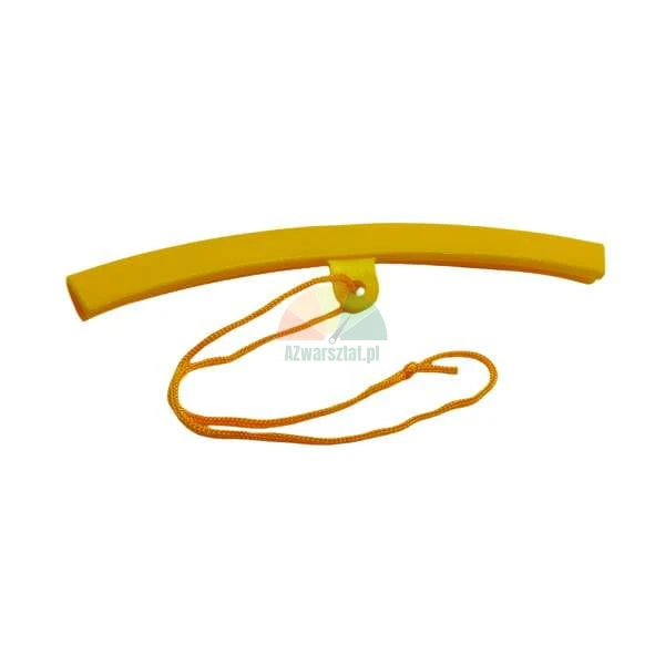 Yellow slightly curved plastic element with a threaded orange string.