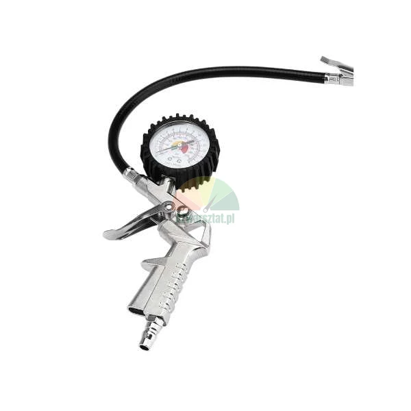 Tire inflator gun with an analog pressure gauge and a flexible hose.