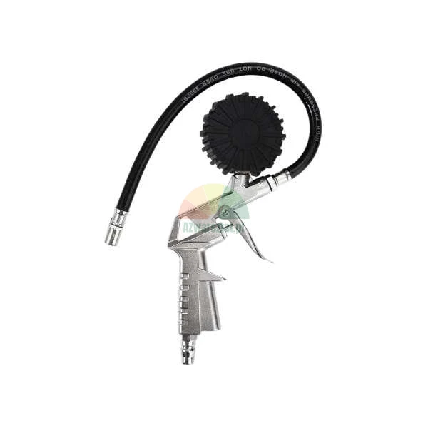 Tire inflator gun with a pressure gauge and a black hose.