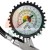 Pressure gauge on a tire inflator gun with dual scale showing psi and bar readings.