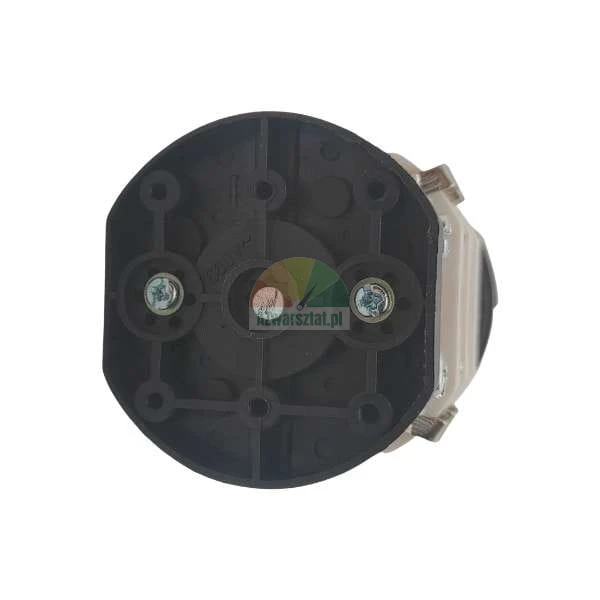 Rear view of a black, circular electrical switch base with mounting screws.