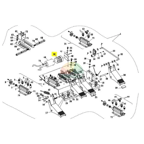 Technical diagram of a pedal assembly with part number 39 highlighted in yellow, showing a bellows component.