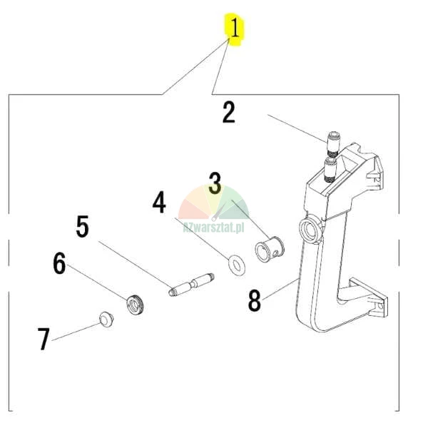 Technical schematic of a mechanical subassembly with parts numbered 1 to 8, where number 1 identifies the complete assembly.
