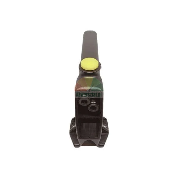 Black industrial handle with a yellow button and internal circular sockets viewed from the front
