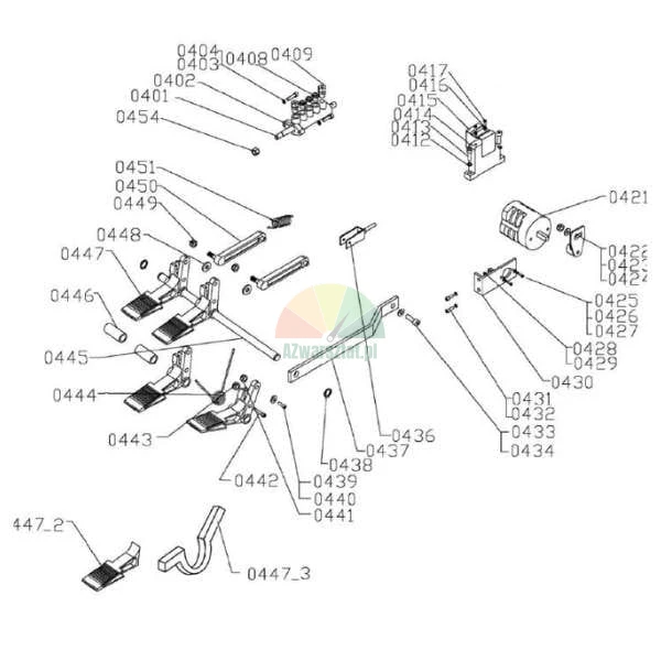 Technical exploded view diagram showing spare parts for control pedals and a hydraulic valve block with numerical labels.