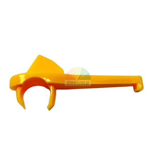Yellow plastic orange peeler tool with a ring for a finger and a small blade for peeling.