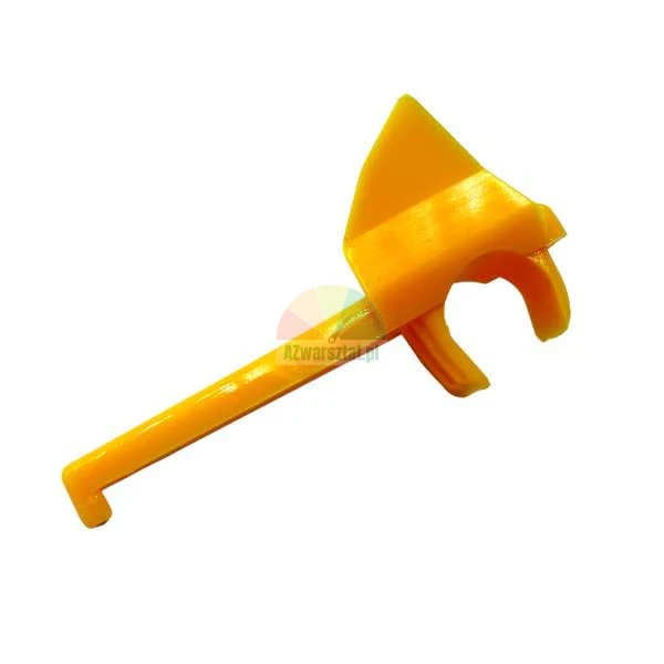 Yellow plastic mounting element with a clip and a long arm ending in a hook.
