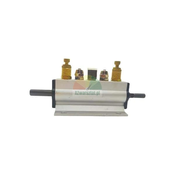 Silver pneumatic cylinder with brass control valves on a white background.