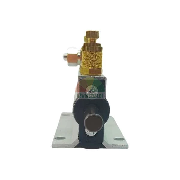 Side view of a pneumatic valve block with brass adjustment knobs and silver mounting base.
