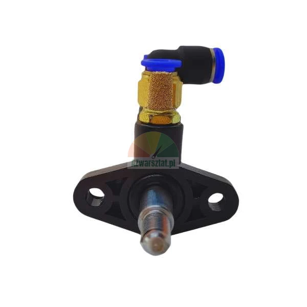 Black pneumatic valve with a brass component and a blue push-in fitting on a white background