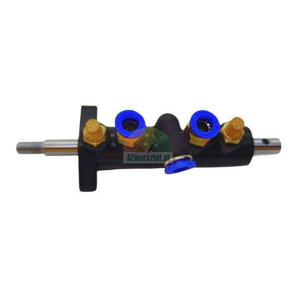 Pneumatic cylinder with blue push-to-connect fittings and brass components on a black body.