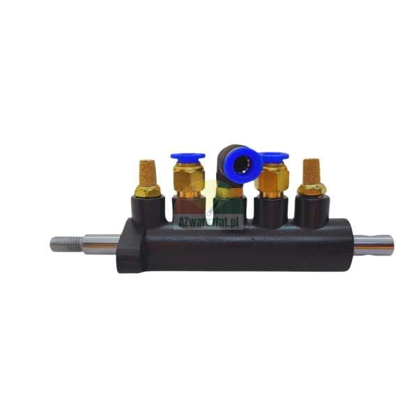 Pneumatic manifold valve with brass fittings and blue push-in connectors on a white background.