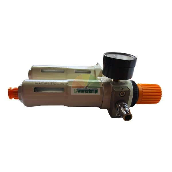 Compressed air preparation unit with filter, regulator, lubricator, and pressure gauge featuring an orange adjustment knob.