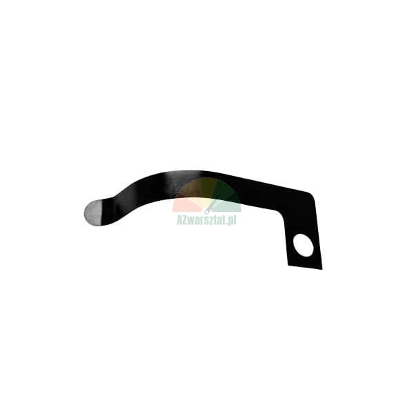 Black flat metal spring clip with a mounting hole on a white background