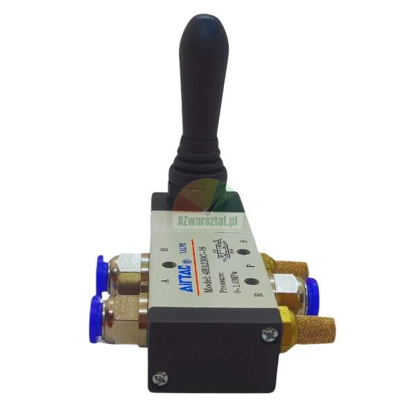 AirTAC 4H230C-08 pneumatic hand lever valve with black handle and blue push-in fittings.
