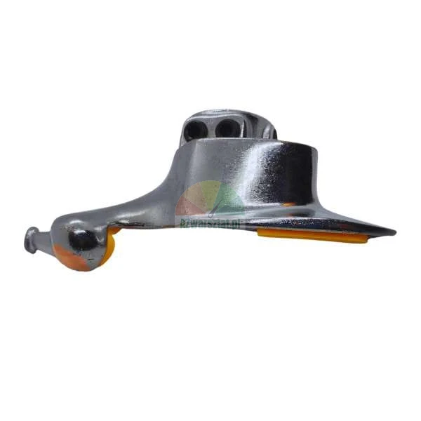 Side view of a chrome tire changer mounting head with yellow plastic protectors on a white background.