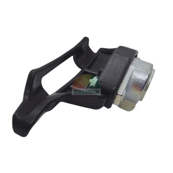 Black plastic lever handle with a metal mounting nut on a white background.