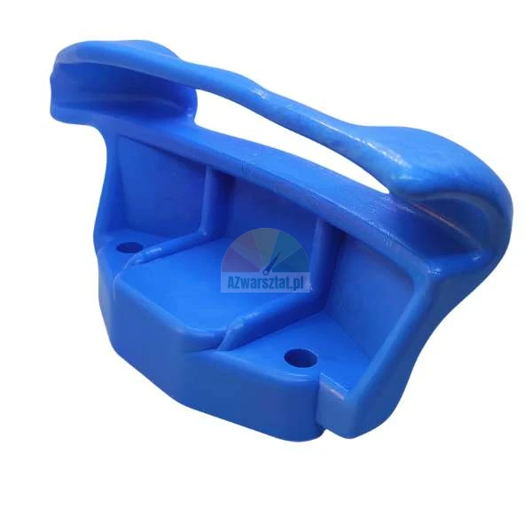Blue plastic mounting bracket with a handle and screw holes