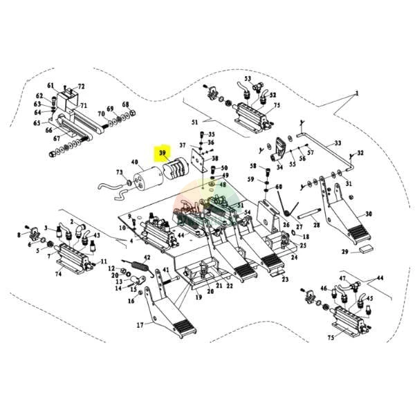 Technical diagram showing an exploded view of a pedal assembly with component number 39 highlighted in yellow.