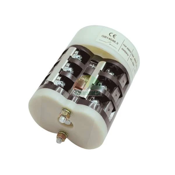 Rotary cam switch body, 16A, 600V, with visible screw terminals and technical rating label on a white background.