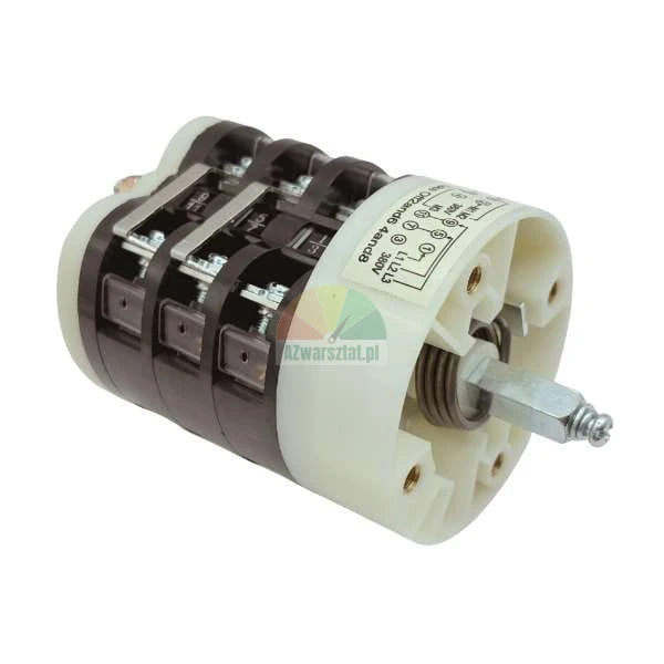 Multi-section rotary cam switch with a metal shaft and wiring diagram label.