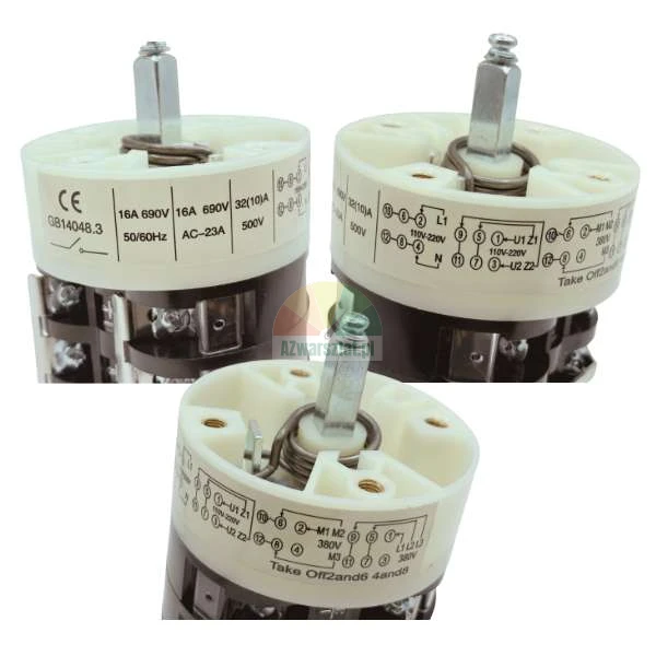 Three industrial cam switches showing wiring diagrams and technical specifications such as 16A 690V and GB14048.3 standard.