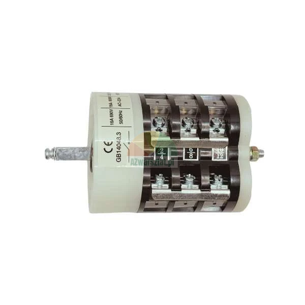 Rotary cam switch 16A 690V with metal shaft and visible screw terminals on a white background.